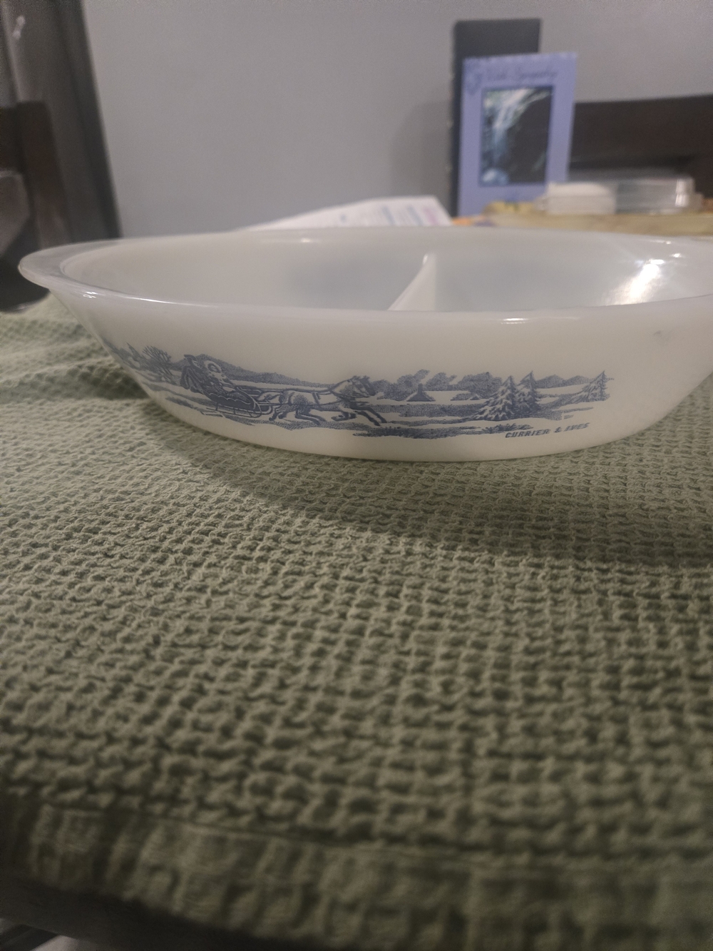 Vintage Glasbake Currier & Ives Divided Casserole Dish J-2352 Blue Milk Glass
